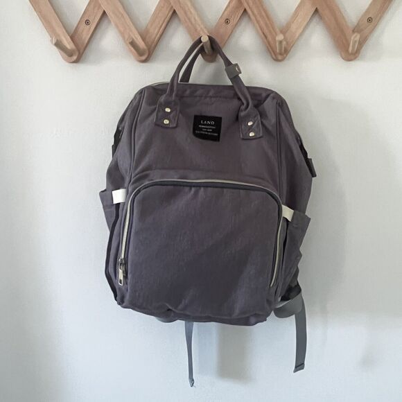 LAND Mommy & Baby Gray Multi Compartments Travel Canvas Tote Backpack Diaper Bag - Picture 1 of 7